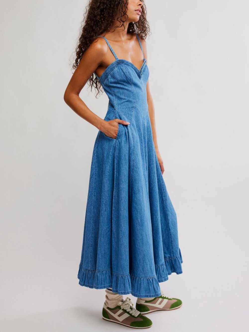 🆕 FREE PEOPLE Another Season Denim Midi Dress / Boardwalk Blue - Picture 2 of 5